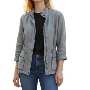Artisan NY Utility Jacket Small Gray Linen Zip Snap Cargo Pocket Coat Adjustable